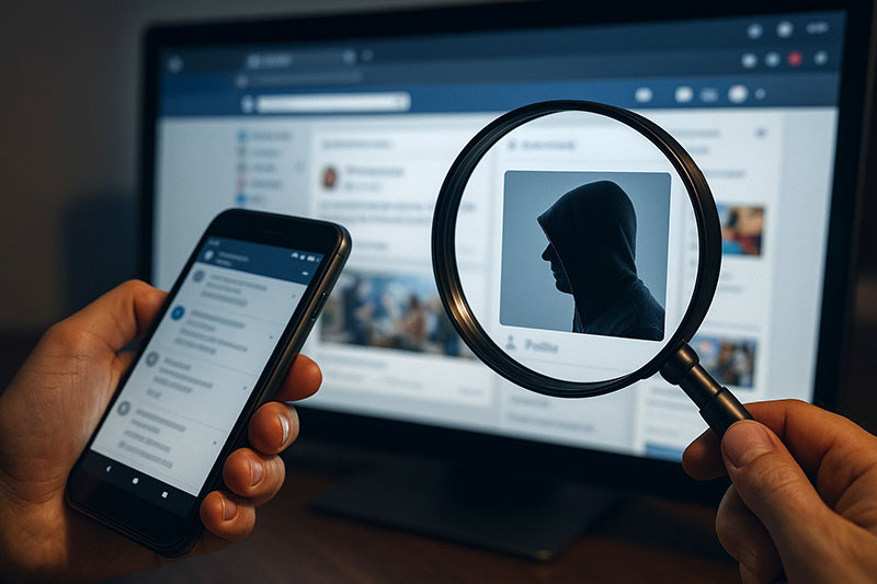 Person looking at computer screen with magnifying glass, while holding cell phone.