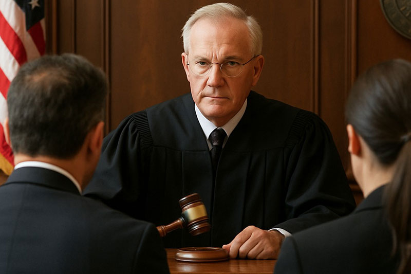 Judge holding gavel, looking stern