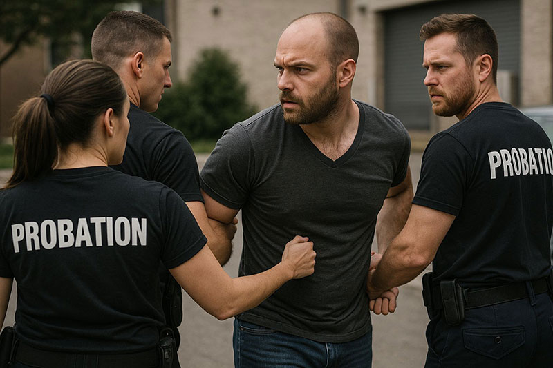 Man being escorted by 3 probation officers